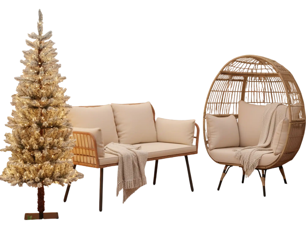 Oversized Rattan Egg Lounge Chair & 2-Seat Rattan Sofa with Cushions