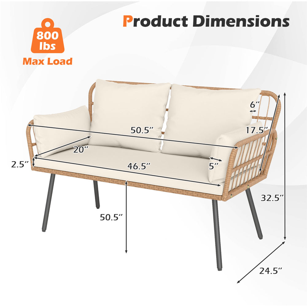 Product dimensions of the oversized rattan egg lounge chair and 2-seat sofa with cushions, showing size and weight.