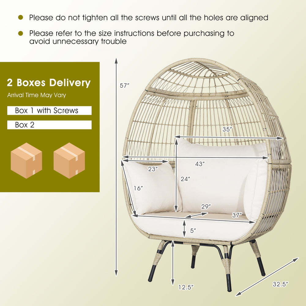 Oversized rattan egg lounge chair with thick cushions, ergonomic design, and removable covers for easy cleaning.