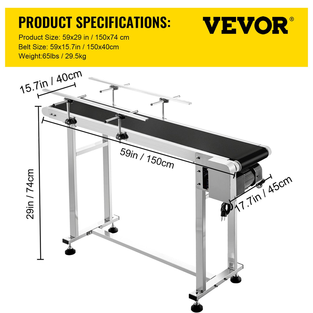 Vevor Motorized Conveyor With PVC Belt 59" x 15.7" Anti-Static With Adjustable Double Guardrails Stainless Steel New