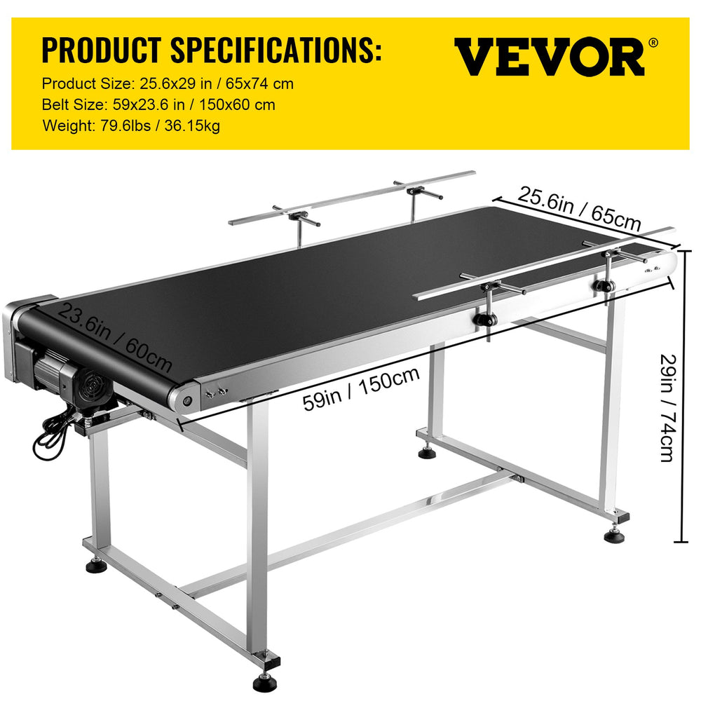 Vevor Motorized Conveyor With PVC Belt 59" x 23.6" Anti-Static With Adjustable Double Guardrails Stainless Steel New