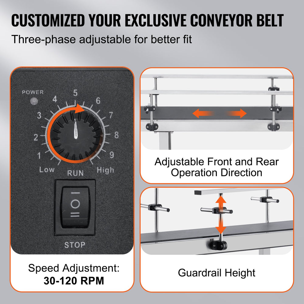 Vevor Motorized Conveyor With PVC Belt 47" x 7.8" Stainless Steel Adjustable Speed Double Guardrail for Inkjet Coding New