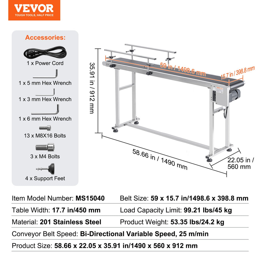 Vevor Motorized Conveyor With PVC Belt 59" x 15.7" Stainless Steel Adjustable Speed Double Guardrail for Inkjet Coding New