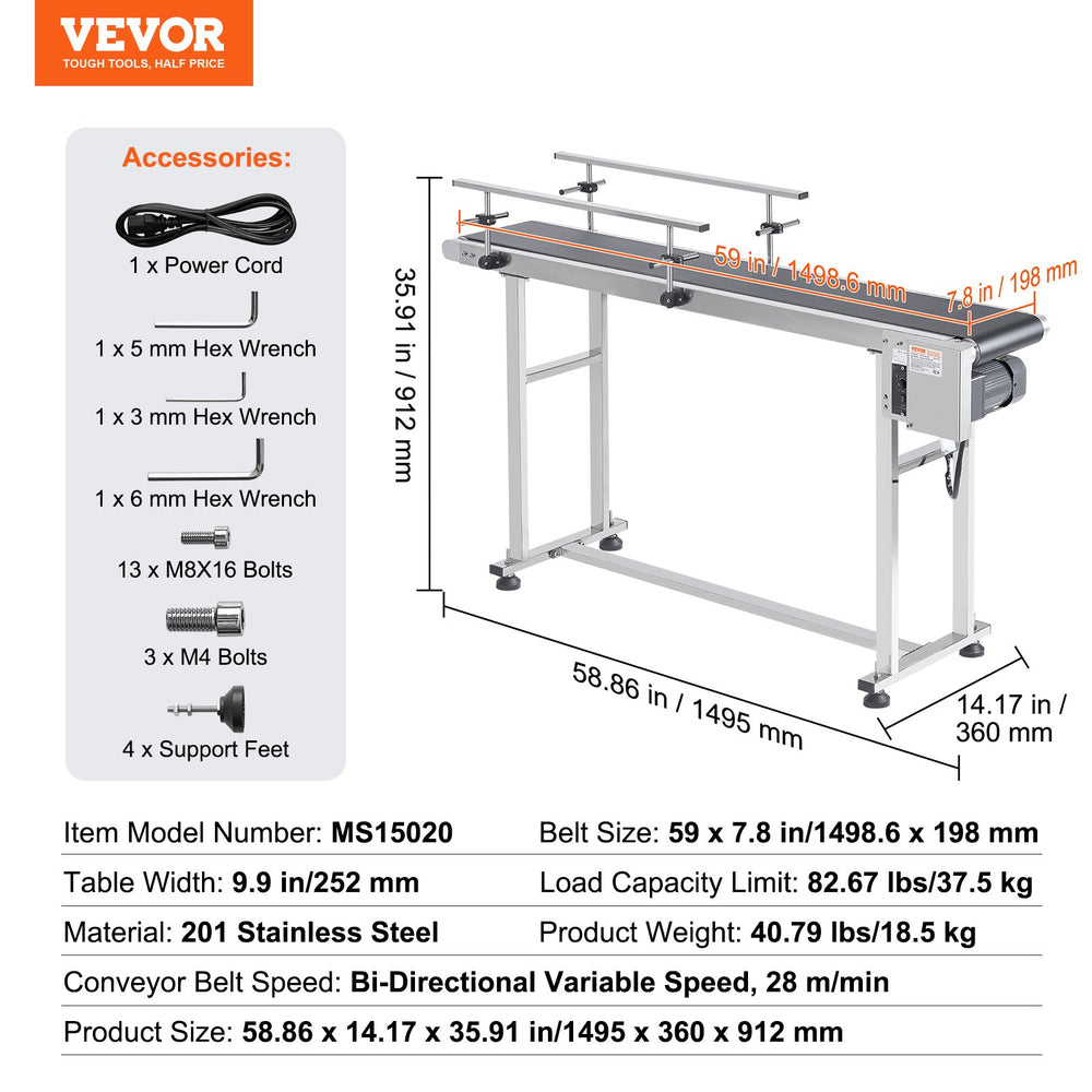 Vevor Motorized Conveyor With PVC Belt 59" x 7.8" Stainless Steel Adjustable Speed Double Guardrail for Inkjet Coding New