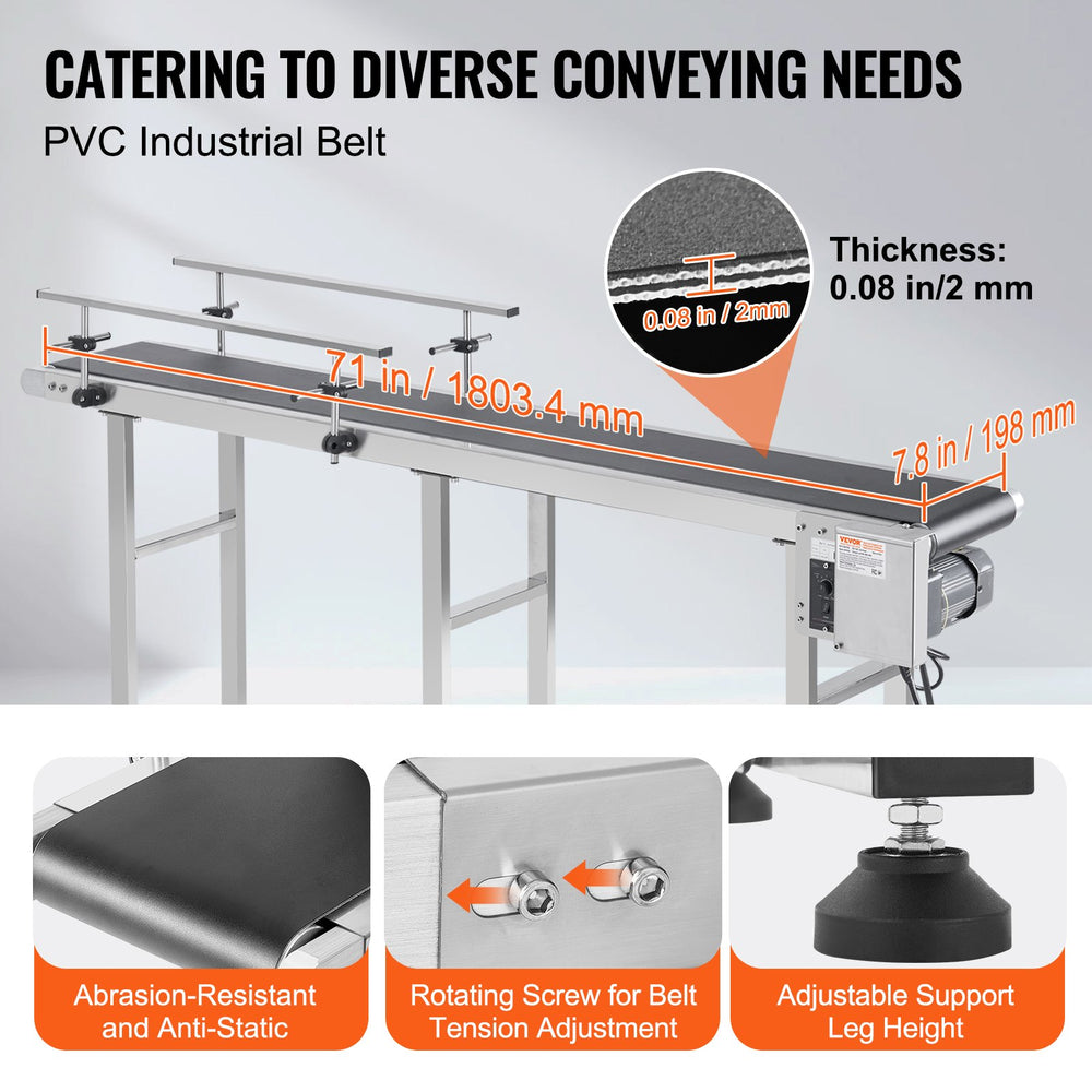 Vevor Motorized Conveyor With PVC Belt 71" x 7.8" Stainless Steel Adjustable Speed Double Guardrail for Inkjet Coding New