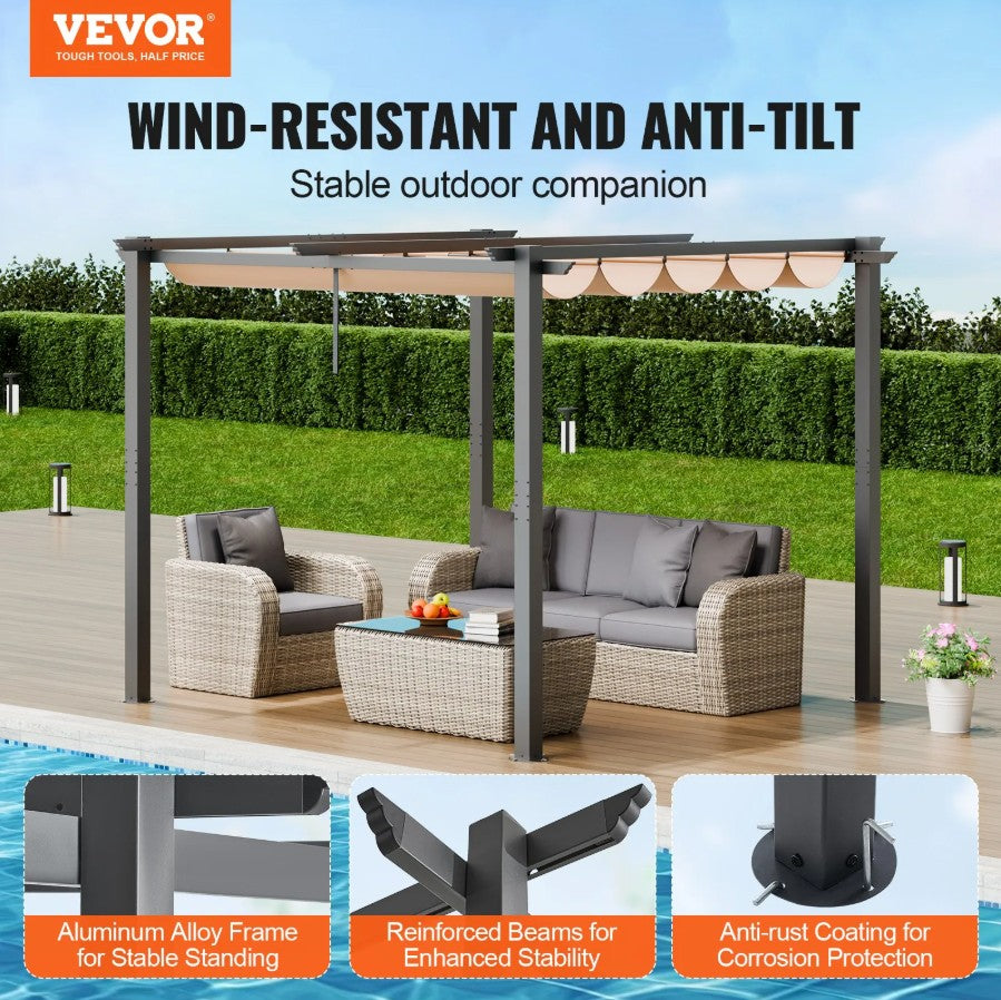 Vevor Retractable Pergola 10' x 10' with Adjustable Sun Shade Canopy Aluminum Frame New