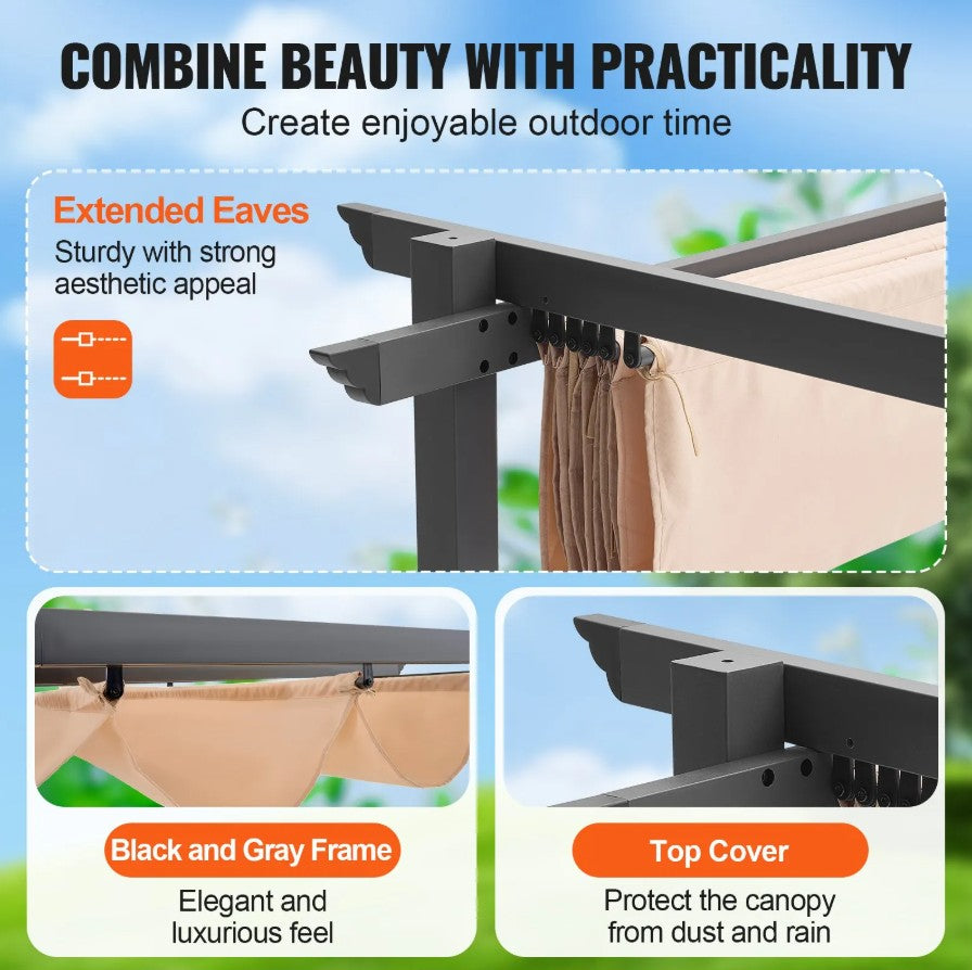Vevor Retractable Pergola 10' x 10' with Adjustable Sun Shade Canopy Aluminum Frame New