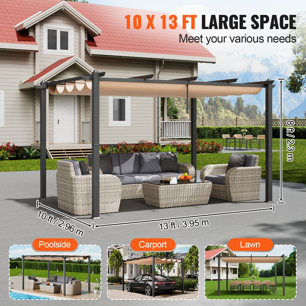 Vevor Outdoor Retractable Pergola 10' x 13' with Adjustable Sun Shade Canopy New