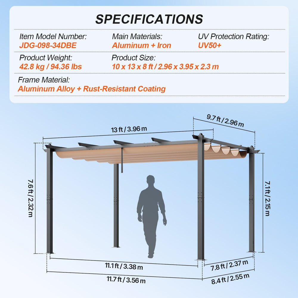 Vevor Outdoor Retractable Pergola 10' x 13' with Adjustable Sun Shade Canopy New