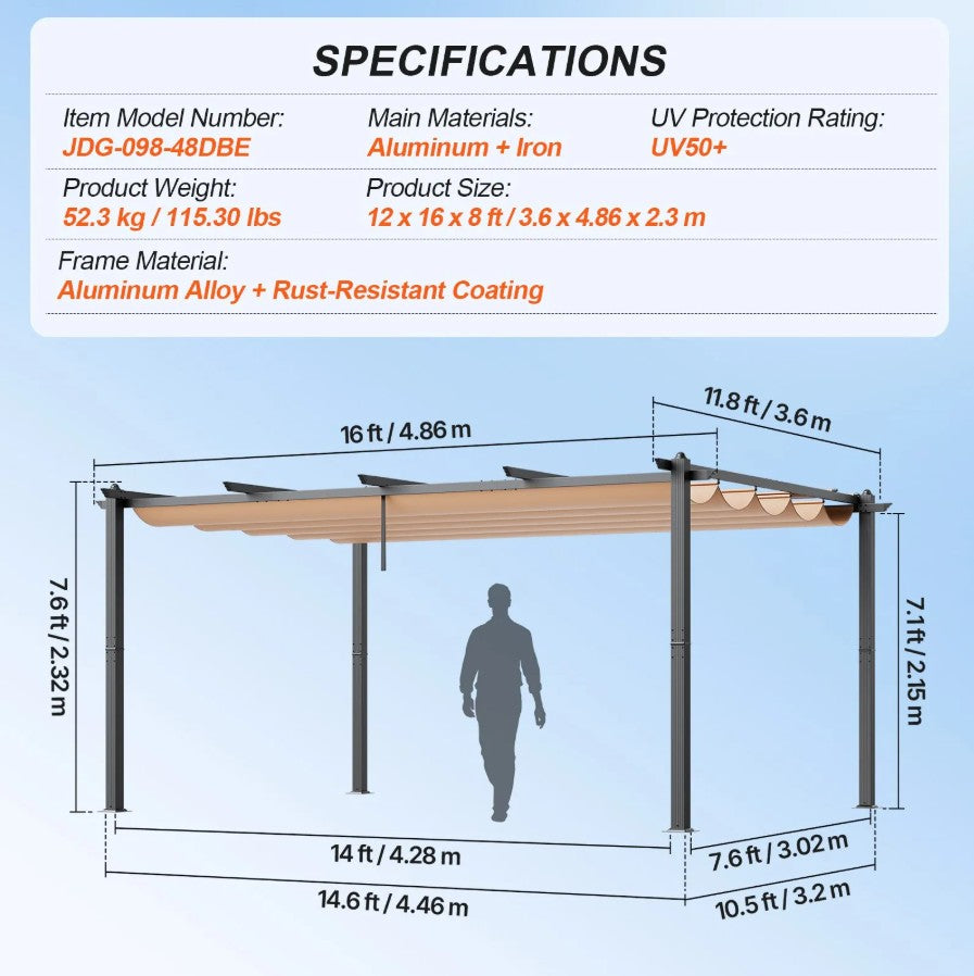 Vevor Retractable Pergola 12'x16' with Adjustable Sun Shade Canopy Aluminum Frame New