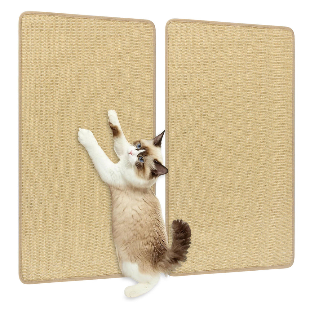 Cat scratching on a large 32" x 20" sisal mat set, designed to protect furniture and satisfy scratching instincts.