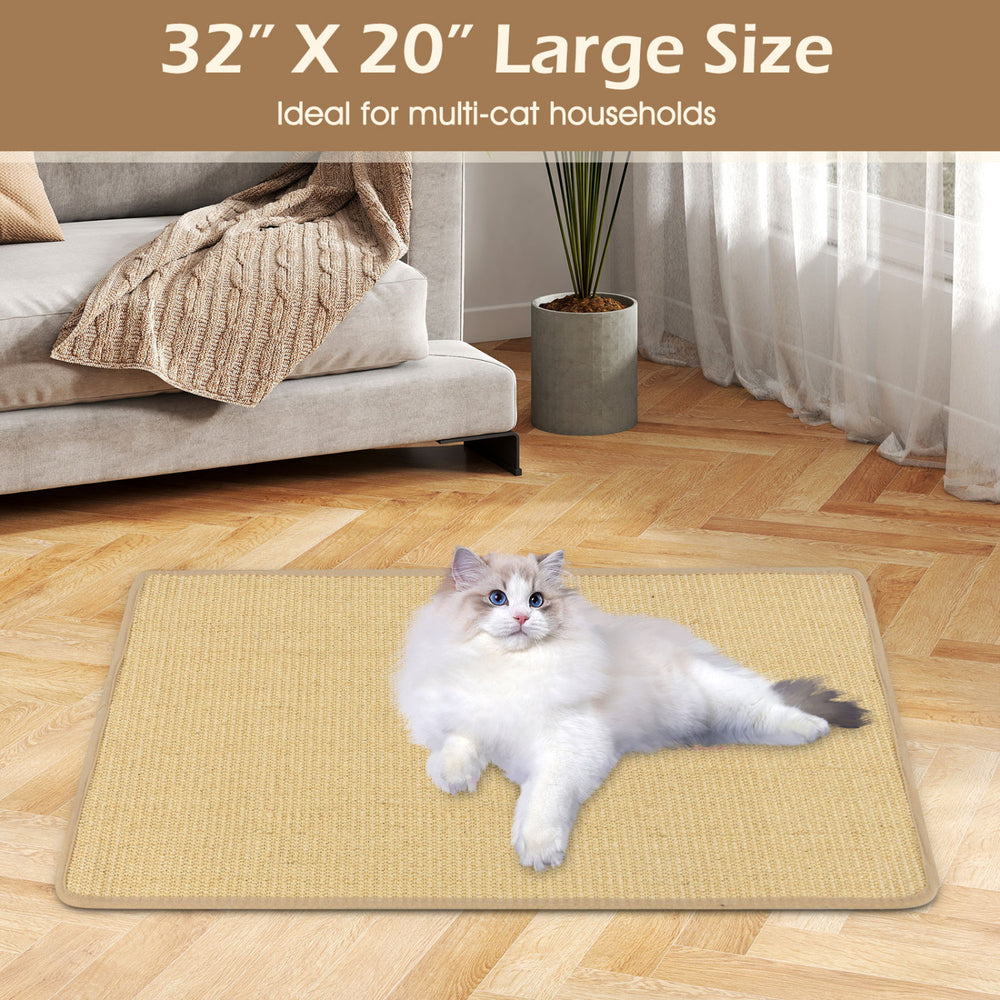 Large 32" x 20" cat scratcher mat made of durable sisal, ideal for multi-cat households and protecting furniture.