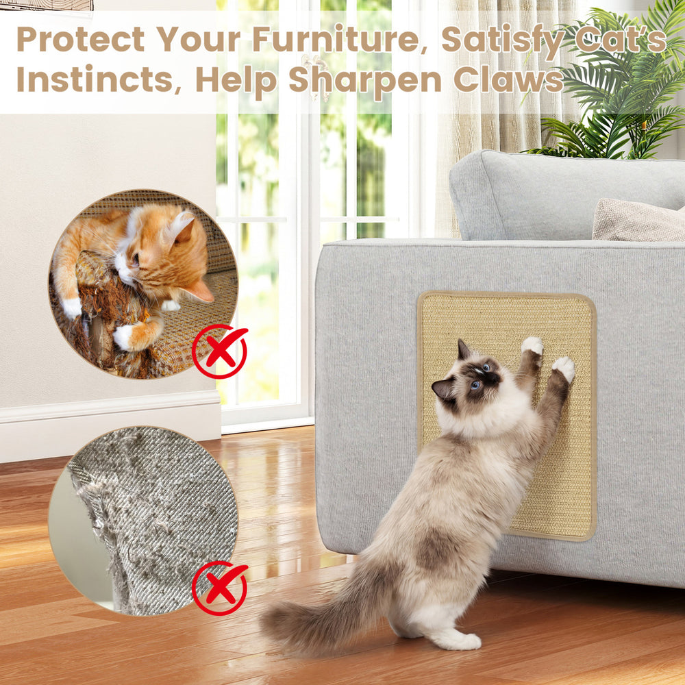 Natural sisal cat scratcher mat set, 16 x 12 inches, designed to protect furniture and satisfy scratching instincts.