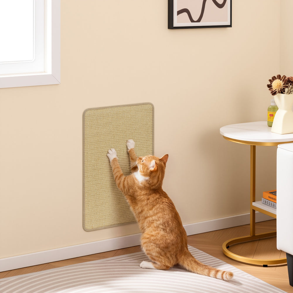 Cat scratching a natural sisal wall mat from the 12 Pieces Cat Scratcher Mat Set, designed to protect furniture and.