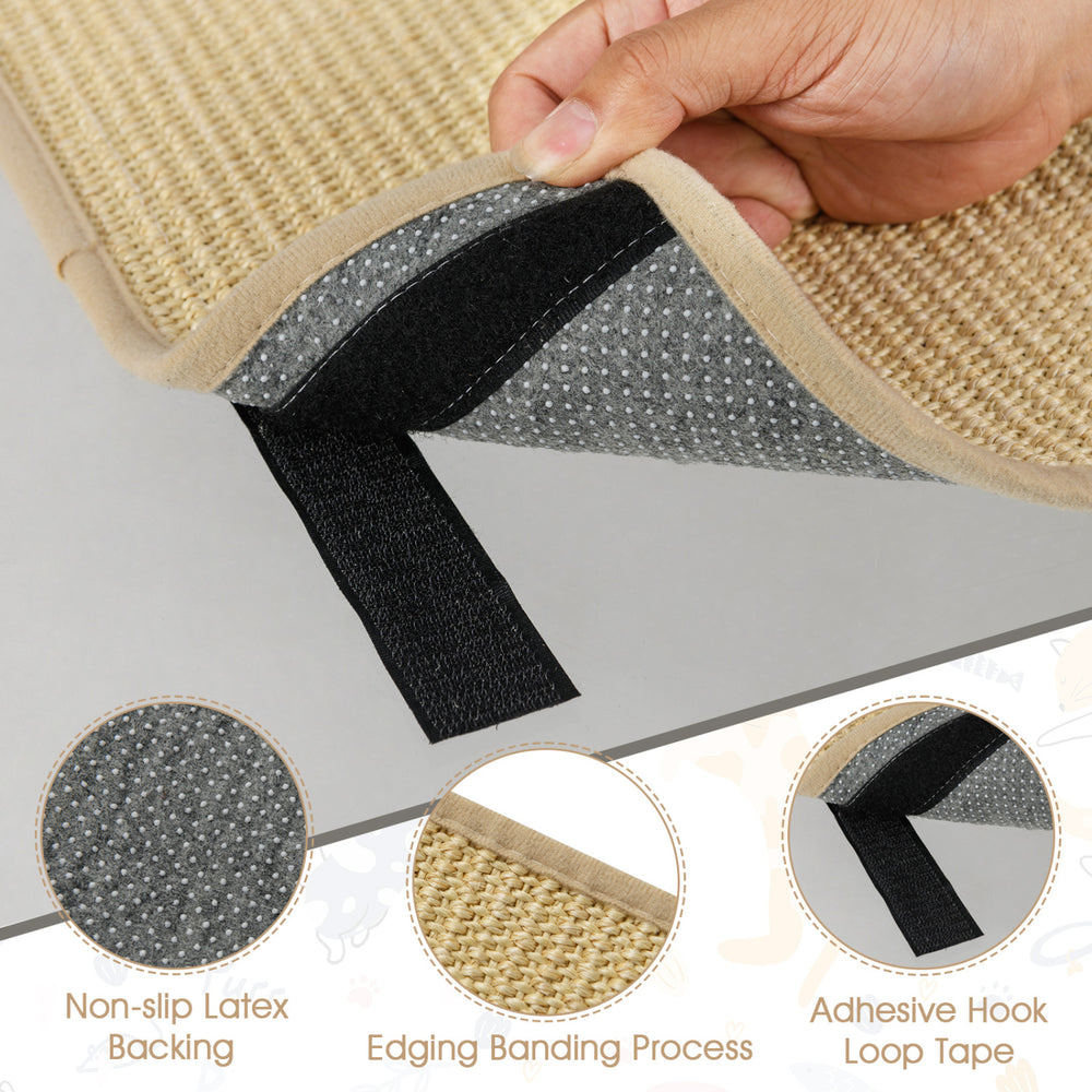 Close-up of a natural sisal cat scratcher mat with non-slip latex backing and adhesive hook loop tape for stability.
