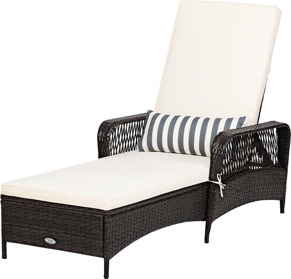 PE rattan chaise lounge chair featuring an adjustable backrest and a striped lumbar pillow, ideal for relaxing on the.