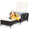 Adjustable PE rattan chaise lounge chair with cream cushion and lumbar pillow, perfect for patio or poolside relaxation.