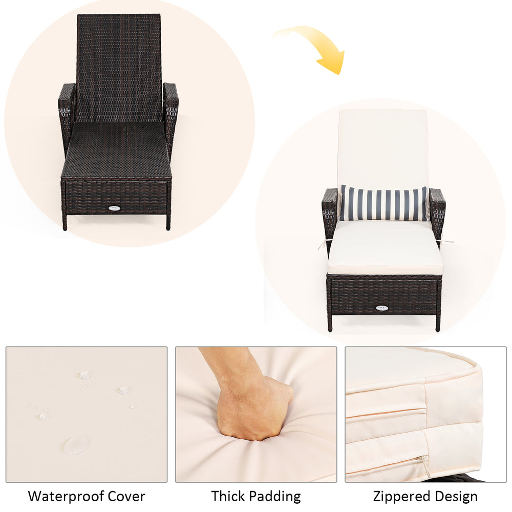 Adjustable PE rattan chaise lounge chair with thick padding and waterproof cover, perfect for outdoor relaxation.