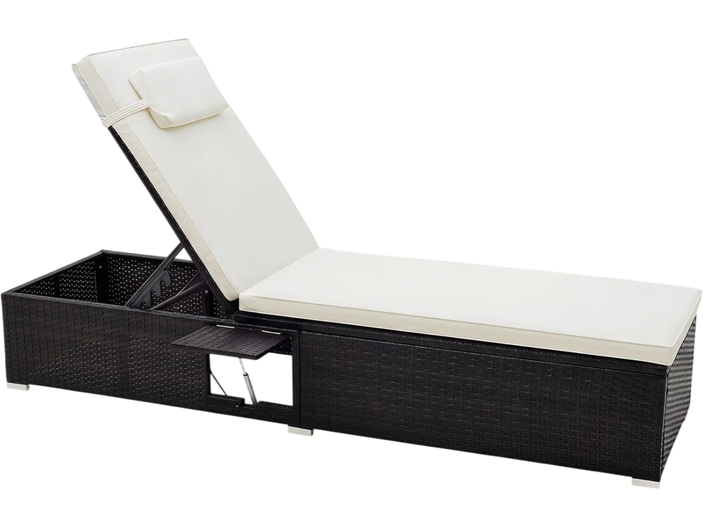 PE rattan chaise lounge with adjustable backrest, detachable headrest, and foldable side table for outdoor relaxation.