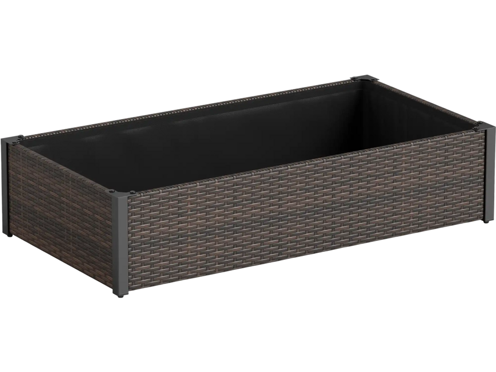 PE rattan raised garden bed with removable liner, ideal for planting vegetables and flowers on patios or balconies.