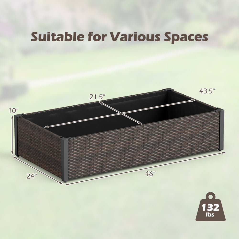 PE rattan raised garden bed with removable liner, measuring 46" x 24" x 10", ideal for outdoor planting in various spaces.