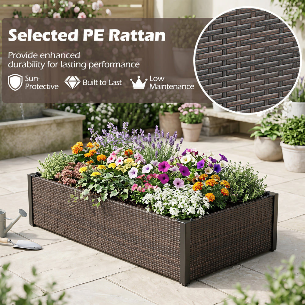 Raised garden bed made of durable PE rattan with removable liner, ideal for planting flowers and herbs on patios or balconies.