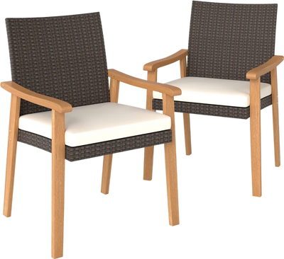 Costway Outdoor Patio Dining Chair Set of 2 PE Rattan Removable Cushion Acacia Armrests 23153995 New
