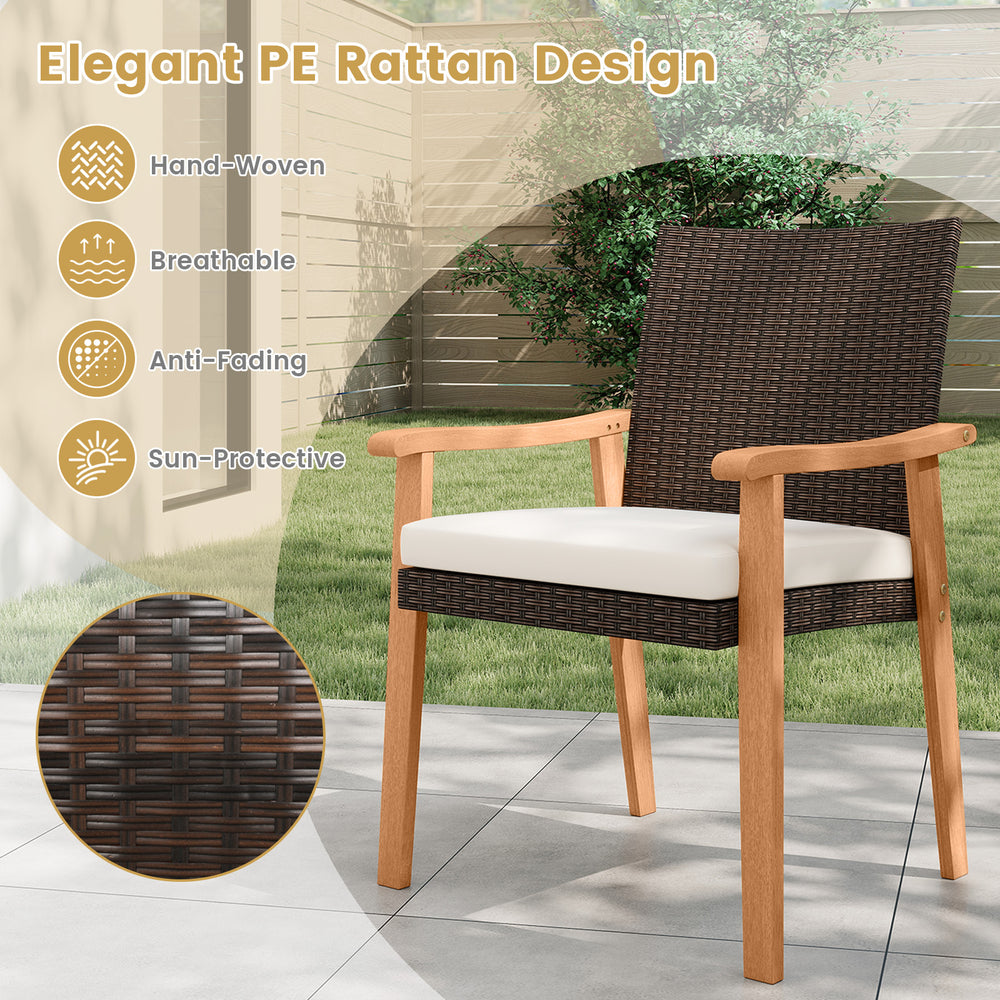 PE rattan outdoor dining chair with acacia wood armrests and removable cushion, ideal for patio relaxation.