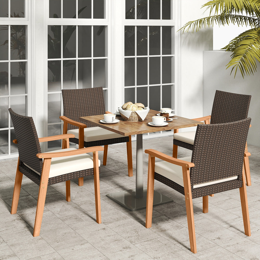 PE rattan outdoor patio dining chair set of 4 with acacia wood armrests and removable cushions for stylish outdoor.