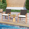 Two PE rattan outdoor dining chairs with acacia wood armrests and removable cushions, ideal for patio relaxation.
