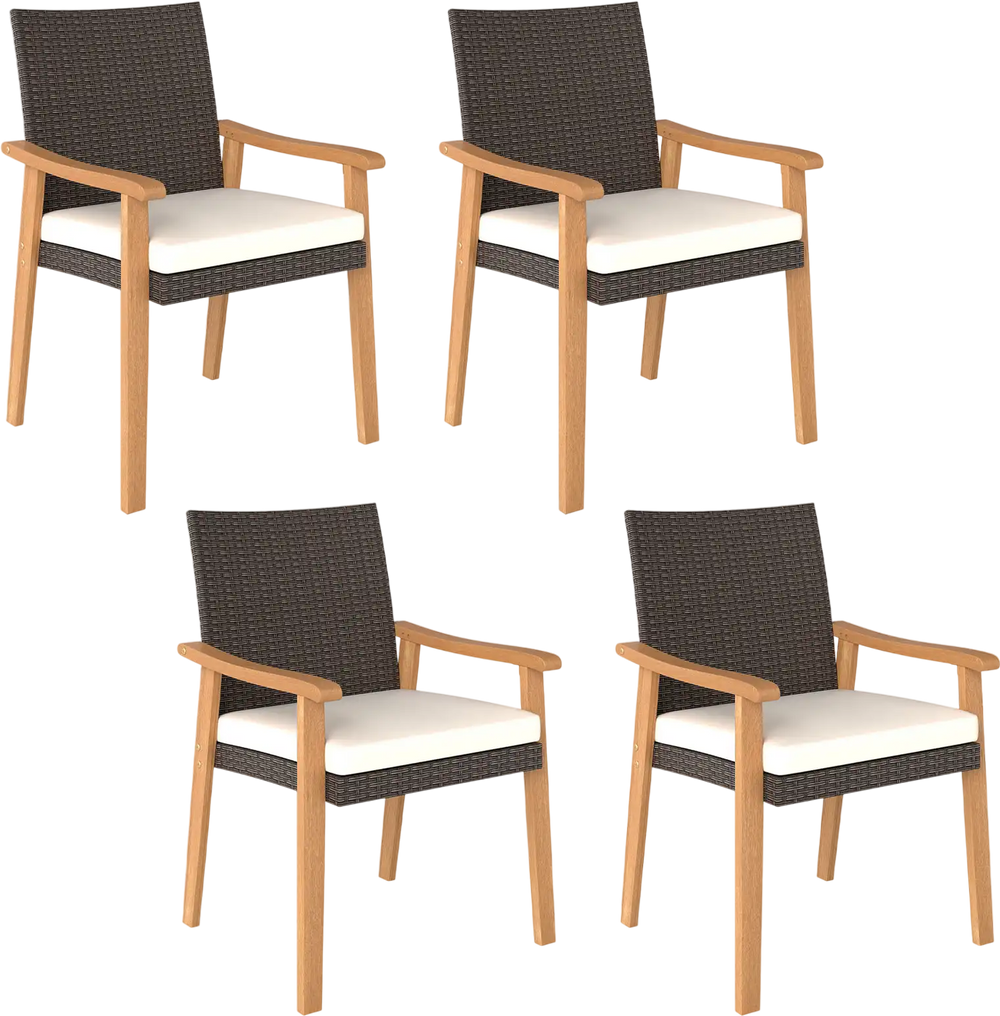 Set of 4 PE rattan outdoor patio dining chairs with acacia wood armrests and removable white cushions for comfortable.