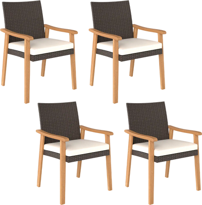 Costway Outdoor Patio Dining Chair Set of 4 PE Rattan Acacia Wood Armrests 37166342 New