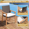 Outdoor patio dining chair with PE rattan, acacia wood armrests, and removable cushion for comfortable relaxation.