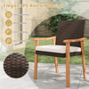 Hand-woven PE rattan outdoor dining chair with acacia wood armrests and removable cushion for patio relaxation.