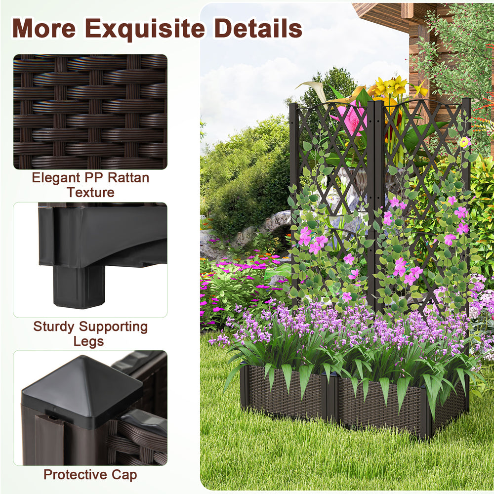 Brown PE rattan raised garden bed with trellis, featuring sturdy legs and elegant design for climbing plants and.
