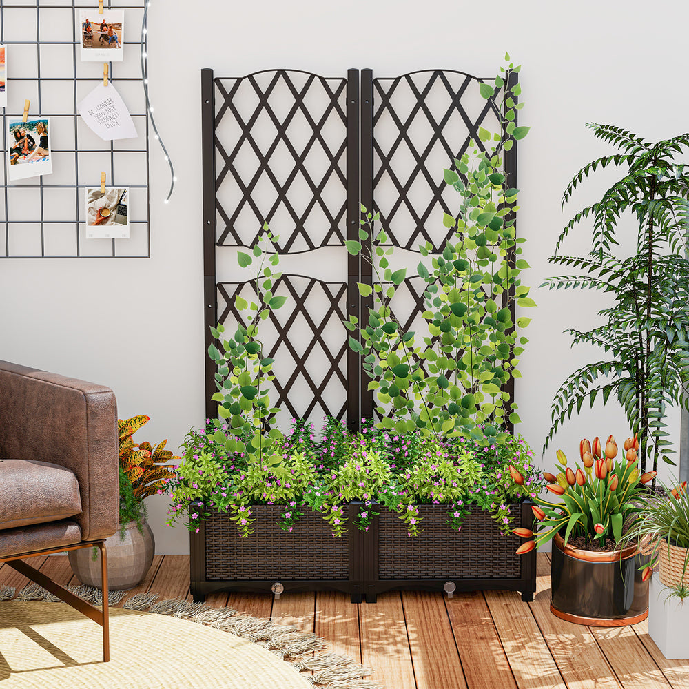 Brown PE rattan raised garden bed with trellis, ideal for climbing plants and flowers, perfect for outdoor spaces.