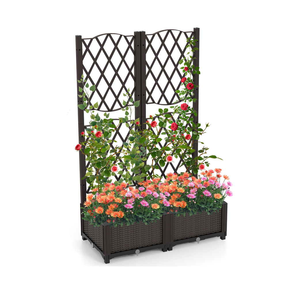 PE rattan raised garden bed with trellis, featuring a large planter box for climbing plants and self-watering system.