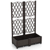 PE rattan raised garden bed with trellis for climbing plants, brown, featuring self-watering device and large planting.
