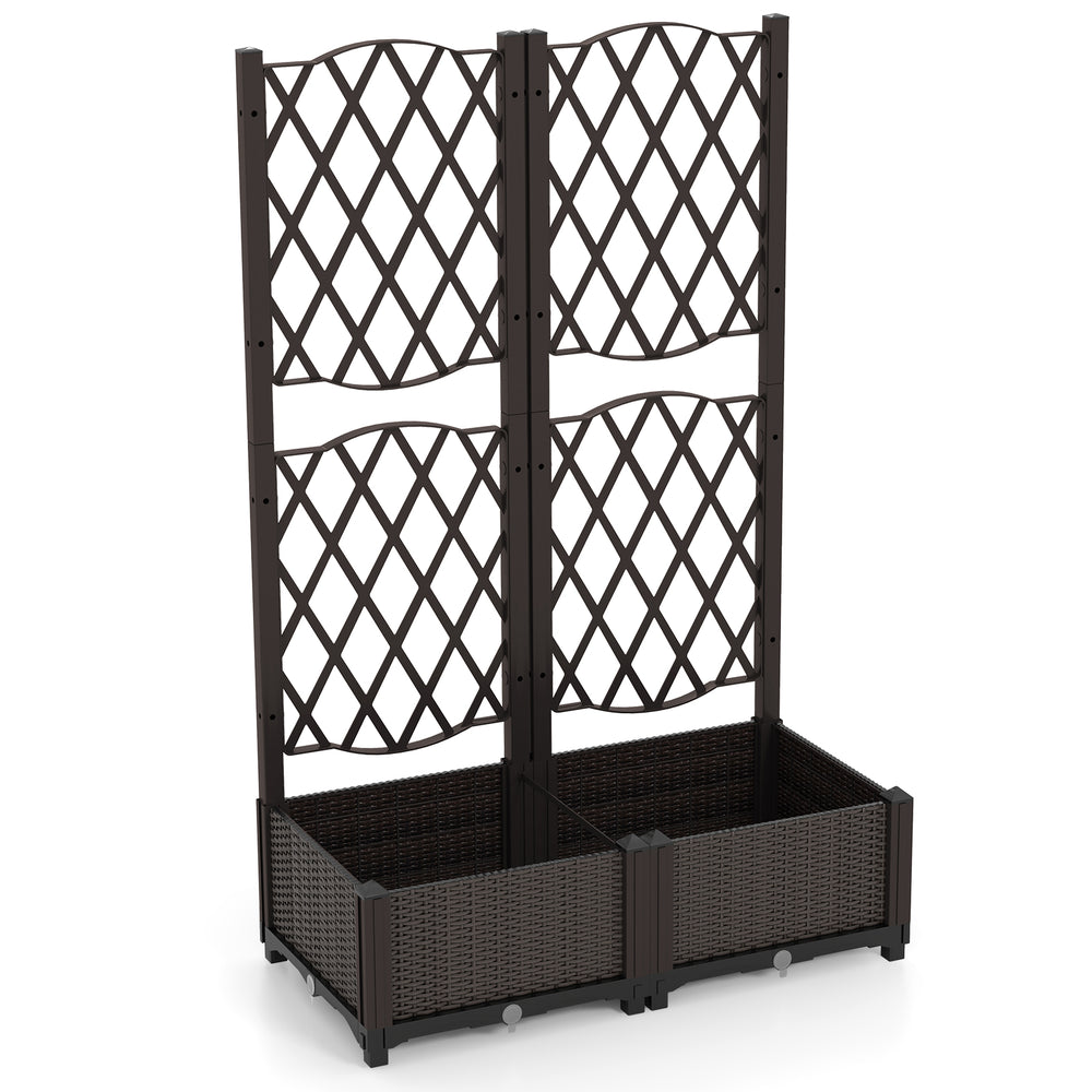 PE rattan raised garden bed with trellis for climbing plants, brown, featuring self-watering device and large planting.