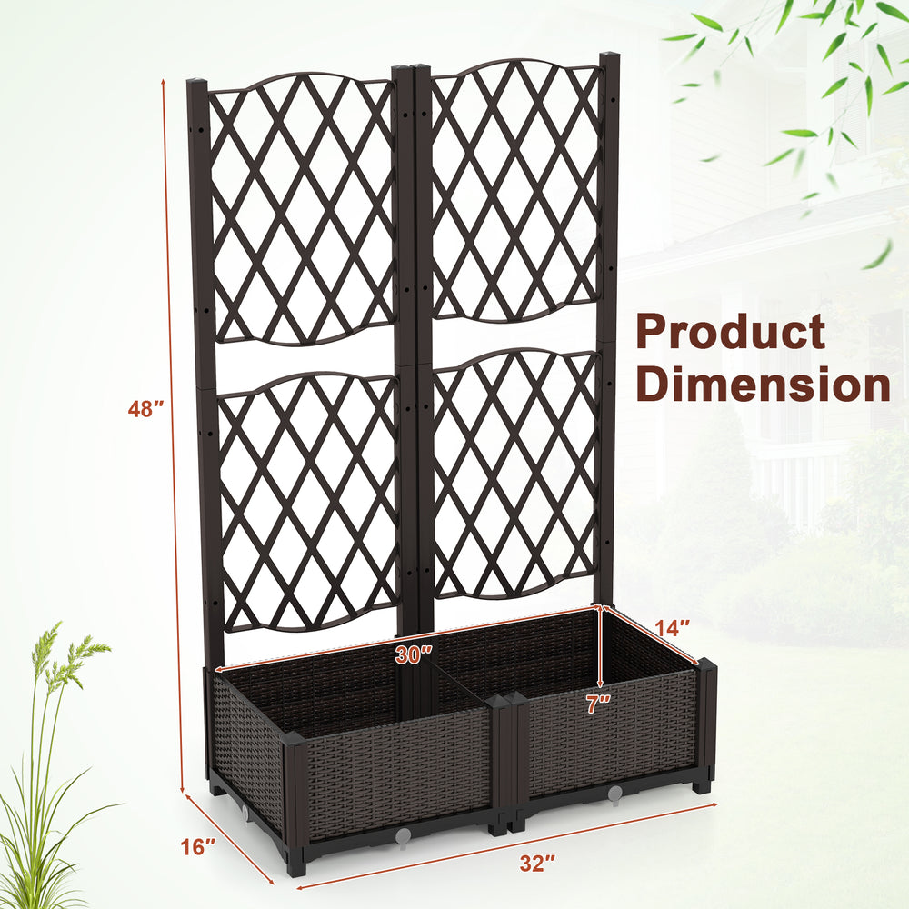 PE rattan raised garden bed with trellis for climbing plants, featuring a self-watering system and durable.