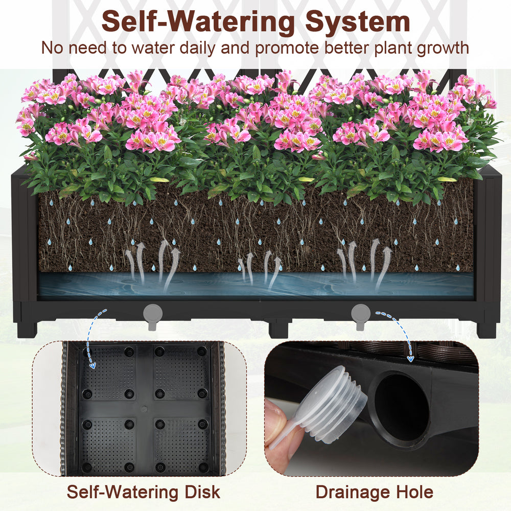 Self-watering garden bed with trellis for climbing plants, made of durable PE rattan, ideal for outdoor gardening.