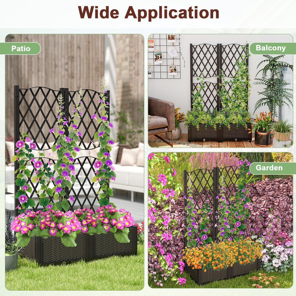 PE rattan raised garden bed with trellis, designed for climbing plants, perfect for patio, balcony, or garden.