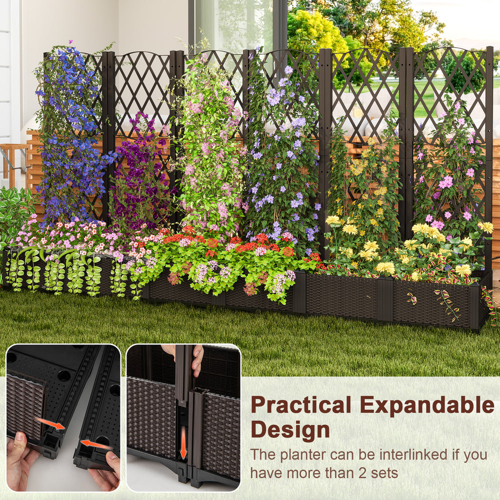 PE rattan raised garden bed with trellis for climbing plants, featuring a self-watering design, ideal for outdoor use.