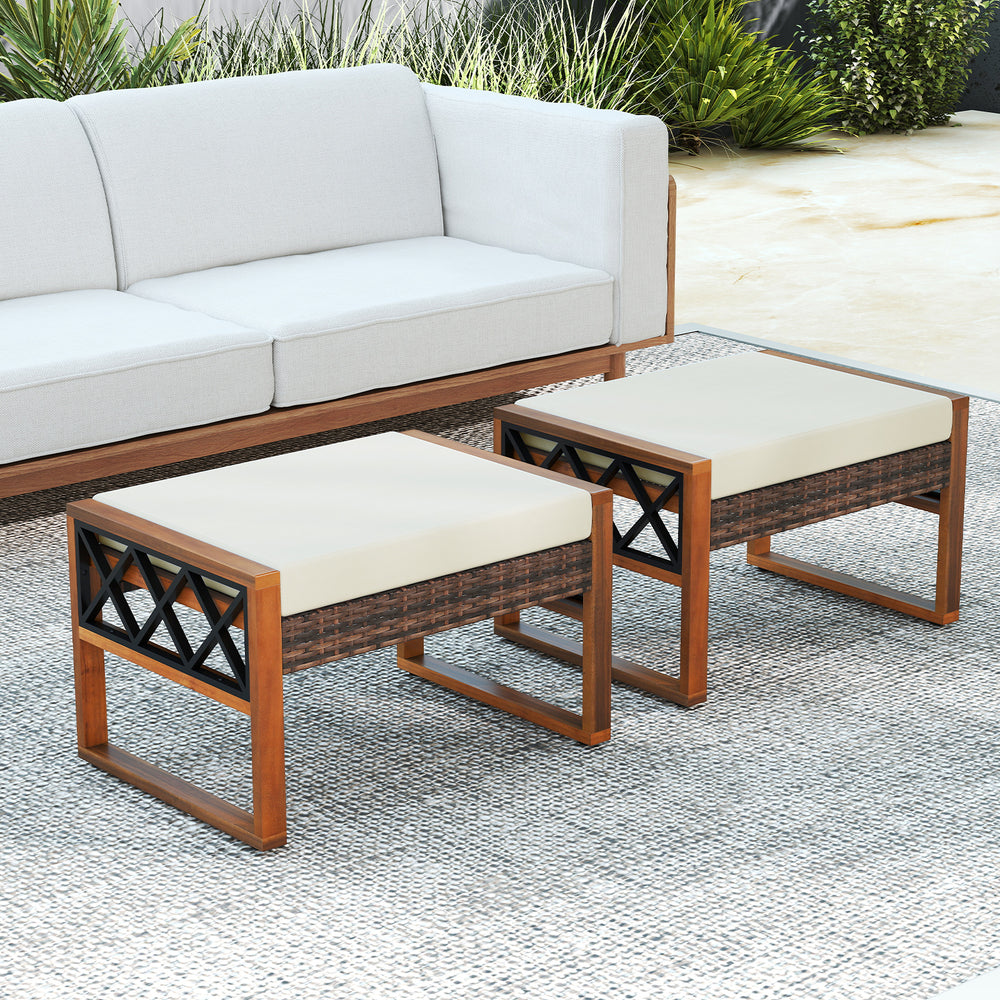 Set of 2 PE rattan wicker ottomans with removable beige cushions, ideal for outdoor patios and versatile seating.