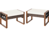 Side view of PE rattan wicker ottoman with beige removable cushion, featuring a sturdy acacia wood frame for outdoor.