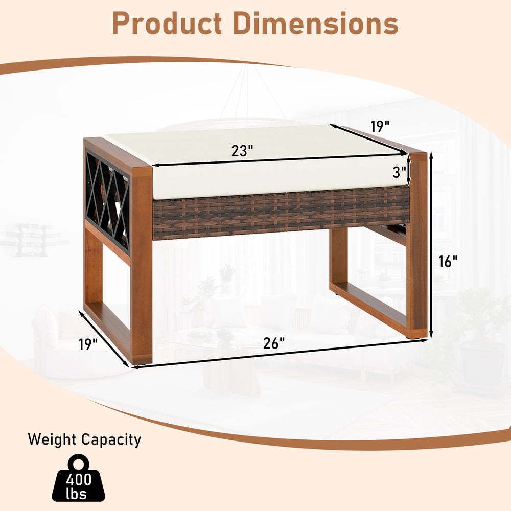 Dimensions of PE rattan wicker ottoman with removable beige cushion, suitable for outdoor use, weight capacity 400 lbs.
