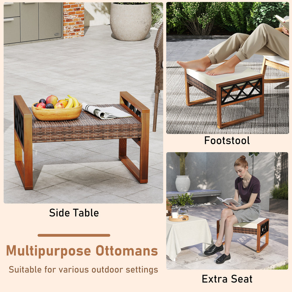 Multipurpose ottoman set of 2 in beige, featuring PE rattan and removable cushions, ideal for outdoor seating or side.