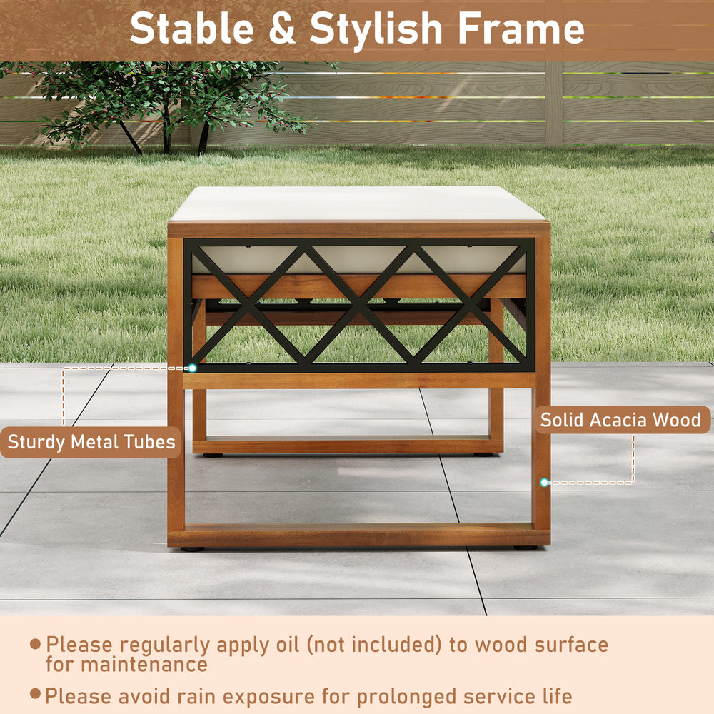 Beige PE rattan wicker ottomans set of 2 with removable cushions, featuring a sturdy metal and acacia wood frame for.