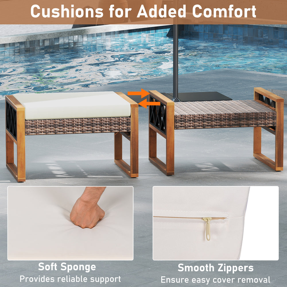 Single PE rattan wicker ottoman showcasing soft sponge cushion and smooth zipper, perfect for versatile outdoor use.
