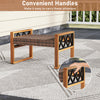 Hand-woven PE rattan ottoman with removable beige cushions and convenient handles, ideal for outdoor patios and gardens.